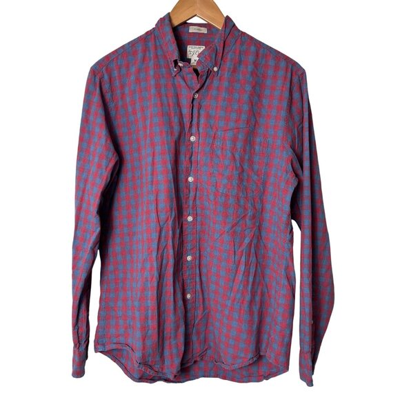 J. Crew Mens Secret Wash Organic Cotton Button-Down Shirt Red & Blue Checkered C - Picture 1 of 10